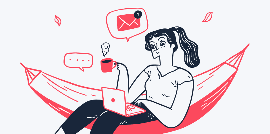 Women sits in a hammock using a laptop and holding a cup