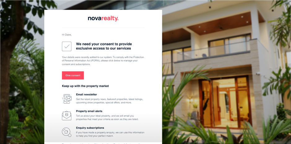 Consent and subscription management screen for Nova Realty