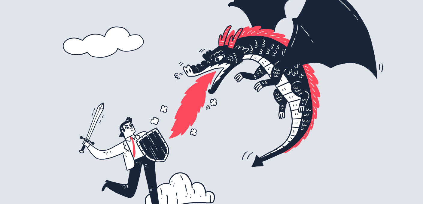 Man battles dragon breathing fire