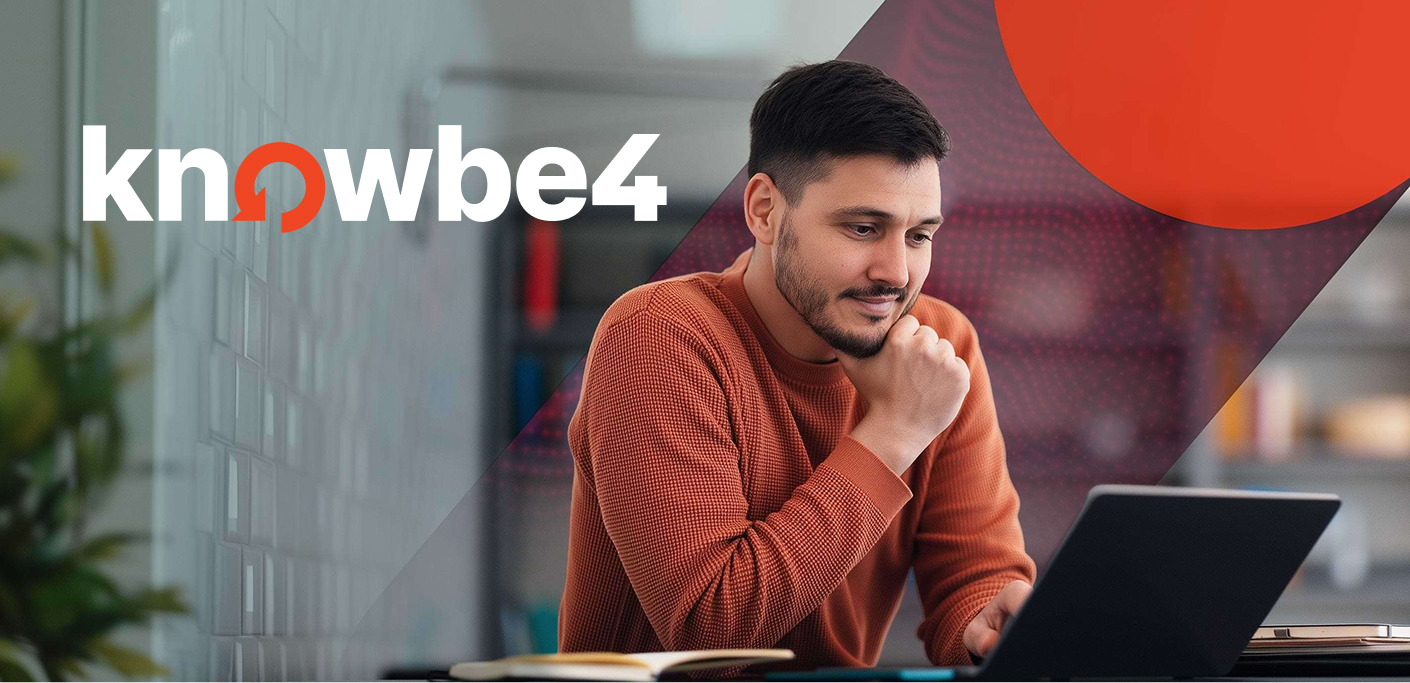 Vector image with a man looking at his laptop emblazoned with KnowBe4's logo