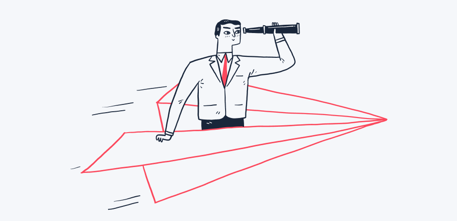 Man holding a spyglass flies on a paper aeroplane