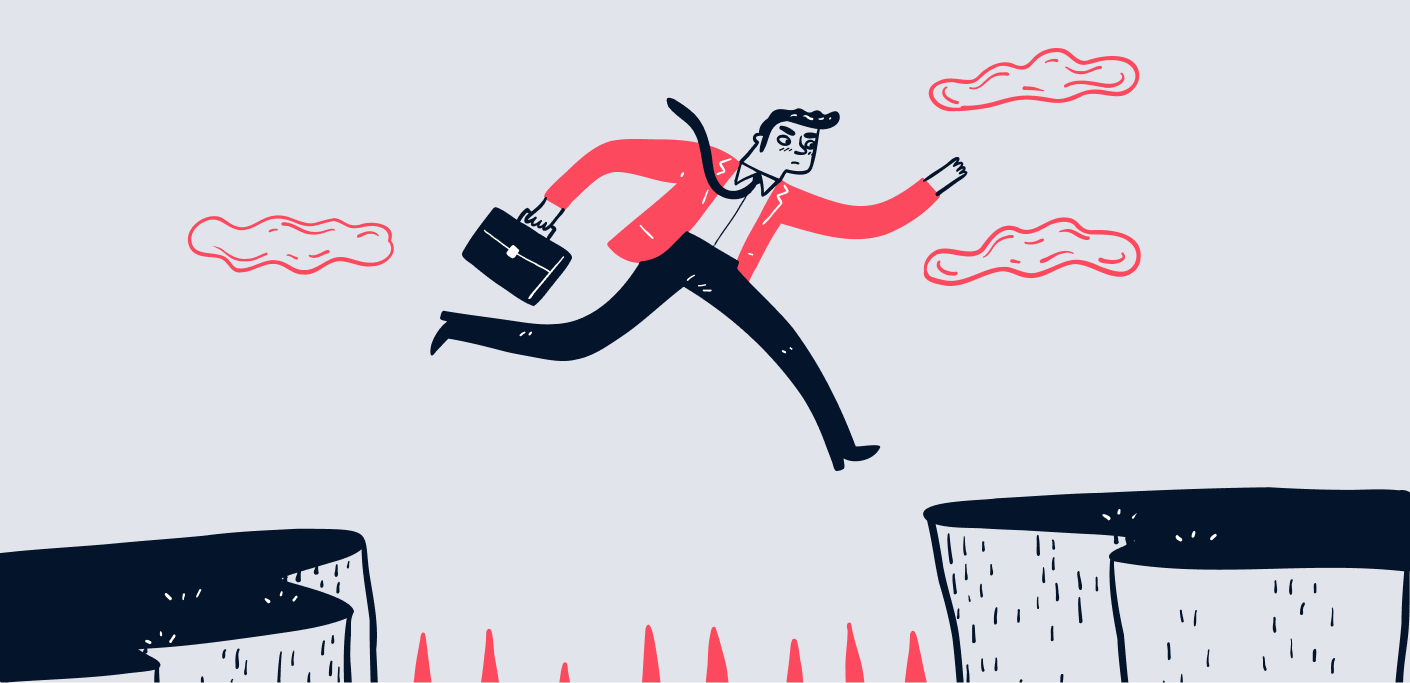 Male figure with a briefcase jumps over a gap