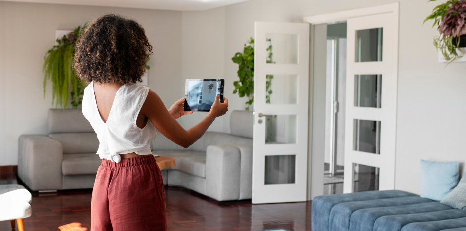 Real estate agents takes pictures and videos of a rental property