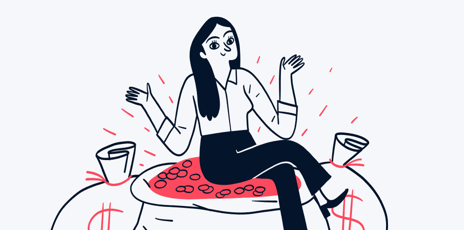 animated lady sitting on a bag of coins