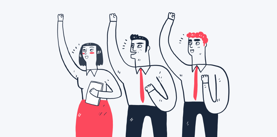 three animated people waving