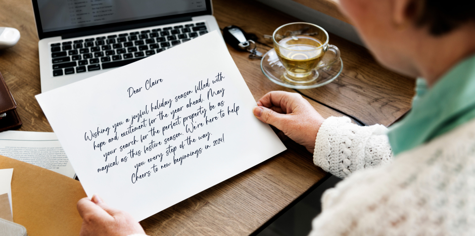 Person reads a real estate Christmas card