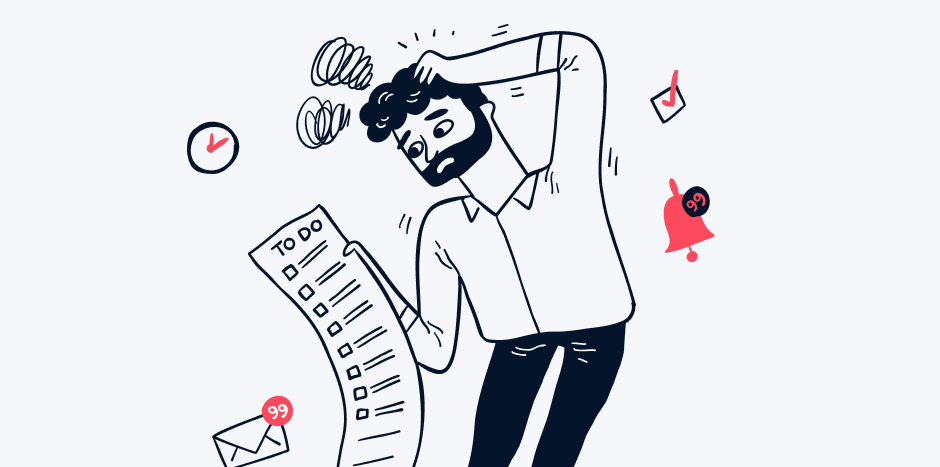 Man holds a long to-do list while looking stressed