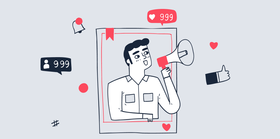 Man uses a loudhailer while positioned in an Instagram post frame