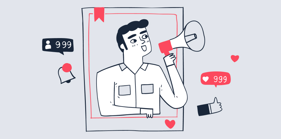 Vector image of a man holding a loudhailer surrounded by Facebook likes and shares