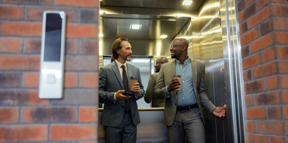 Estate agent making an elevator pitch to a potential client