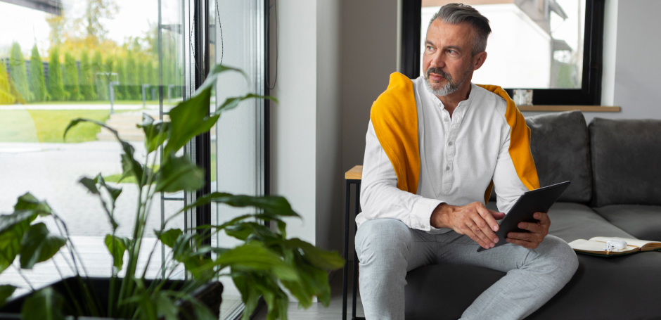 Upmarket man sits in a luxury home lounge holding a tablet