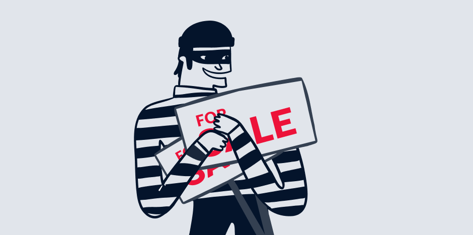 Animated robber holding a for sale sign