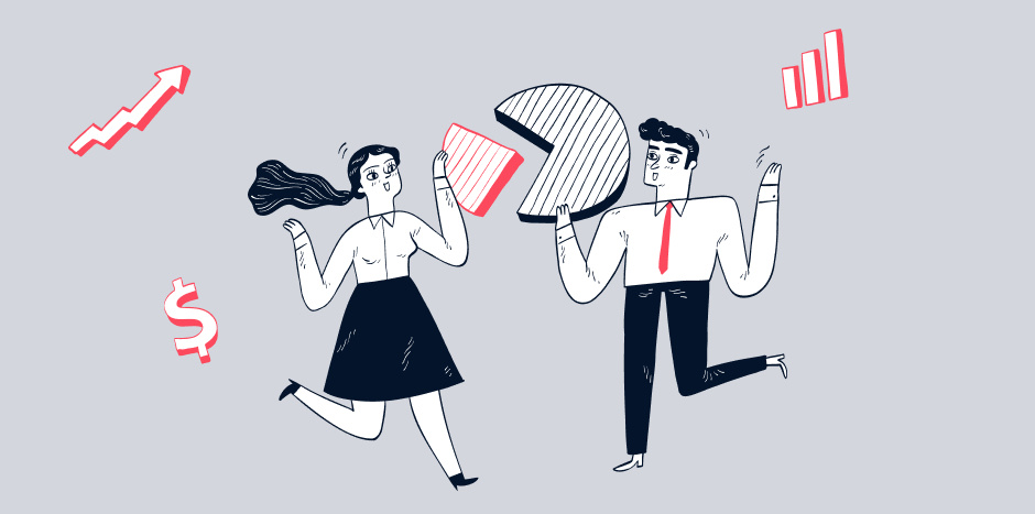 A man and a woman holding up a pie chart