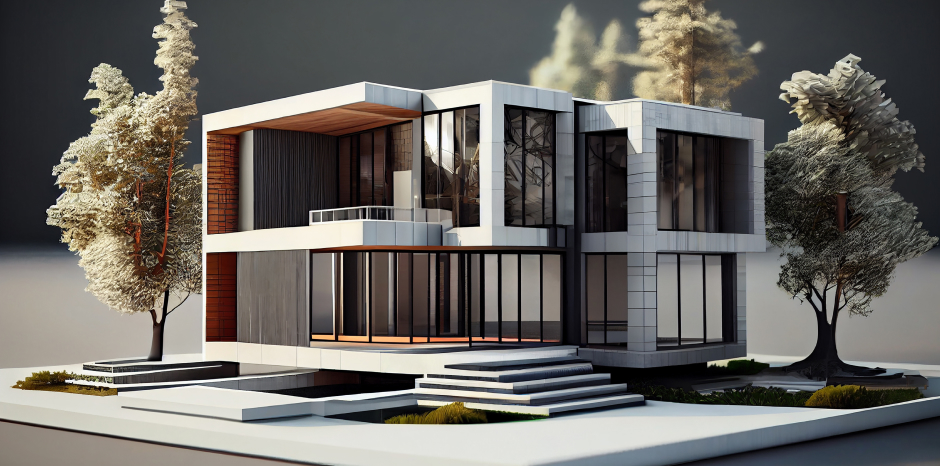 Modern white building surrounded by trees