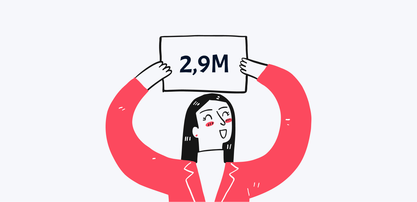 Vector image of a woman holding up a sign that says 2,9M