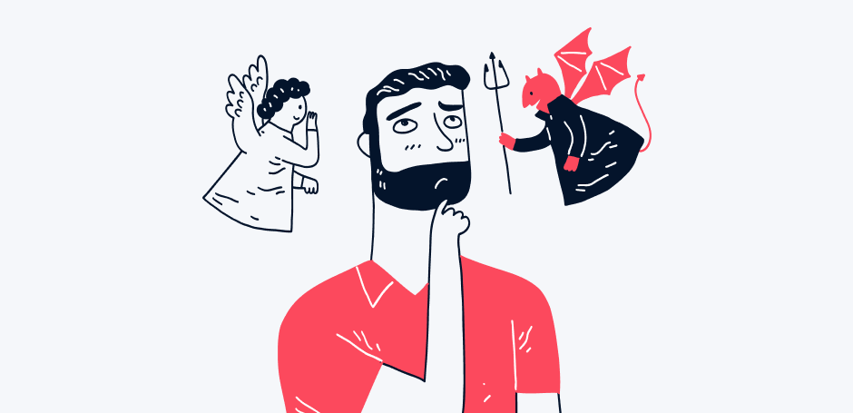Man considers a decision while being influenced by his inner angle and demon