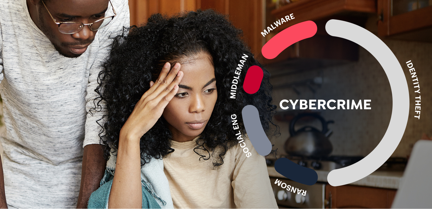 Worried couple stare at their laptop and a graph of popular cybercrimes