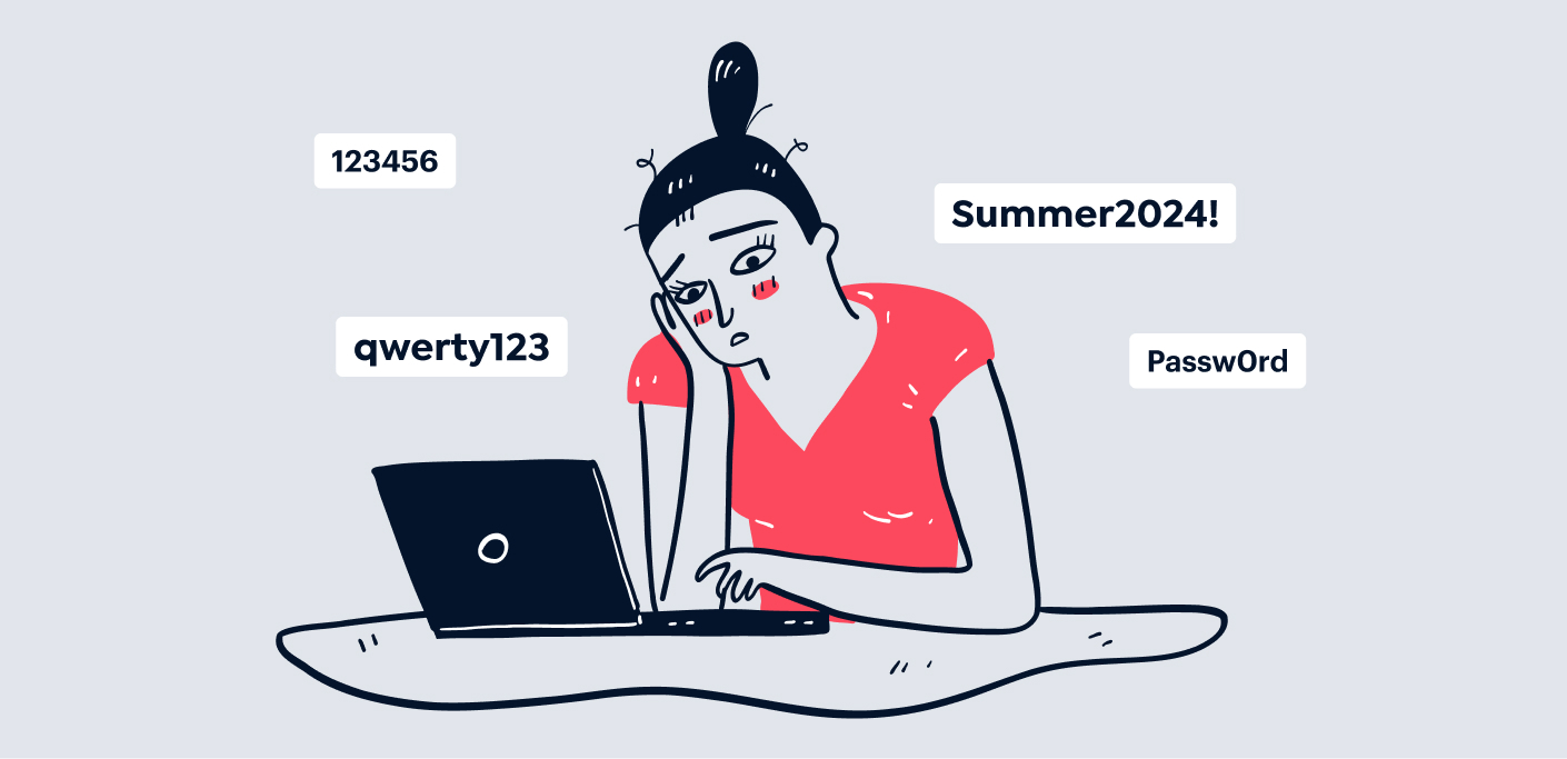 Woman looks at laptop and tries to choose a good password